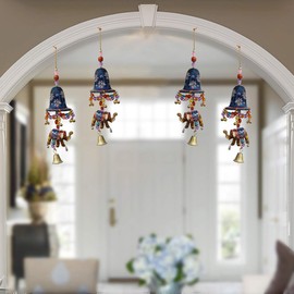 Handicrafts Paradise Door Hanging Blue Painted Bell with Jhalar Golden Elephant with Metal Bell Set of 4