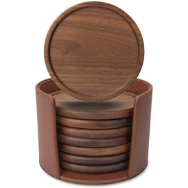 8 Pieces Wood Drink Coasters with Leather Holder, GOH DODD 4 Inch Walnut Coasters Set 100% Natural and Organic Dinner Decor Centerpiece for Home Office Table