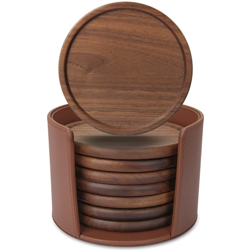 8 Pieces Wood Drink Coasters with Leather Holder, GOH DODD
