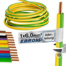 EBROM Grounding Cable Core Cable Rigid H07V-U 6 mm² (1 x 6 mm²) Green/Yellow (GNge) – Available in Many Different Lengths – From 5 Metres to 150 Metres – Your Length: 5 Metres