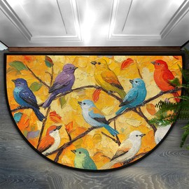 Bird Oil Painting Half Round Door Mat, Non-Slip Welcome Indoor Entrance Way Rug Semi Circle Front Doormats Washable Bathroom Kitchen Floor Mat, Outdoor Rugs for Garage, Patio, Hearth Rug