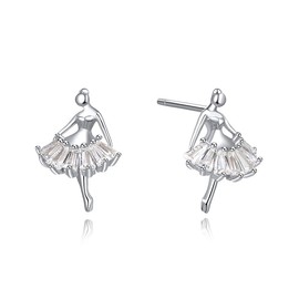 BVELA S925 Sterling Silver Cubic Zirconia Ballet Dancer Stud Earrings for Women Ballerina Nickel Free
