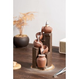 LAMDAWN Unique Cascading Basins Ceramic Waterfall Incense Holder, Paired with a Pack of Backflow Incense Cones. (Primary)