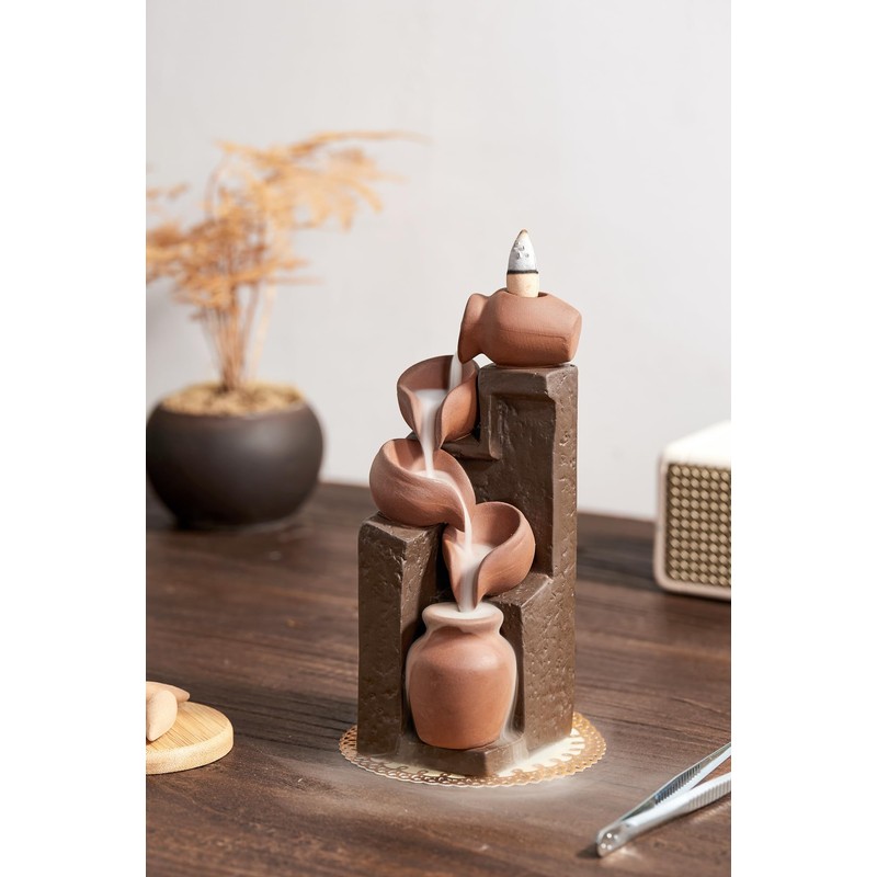 LAMDAWN Unique Cascading Basins Ceramic Waterfall Incense Holder, Paired with
