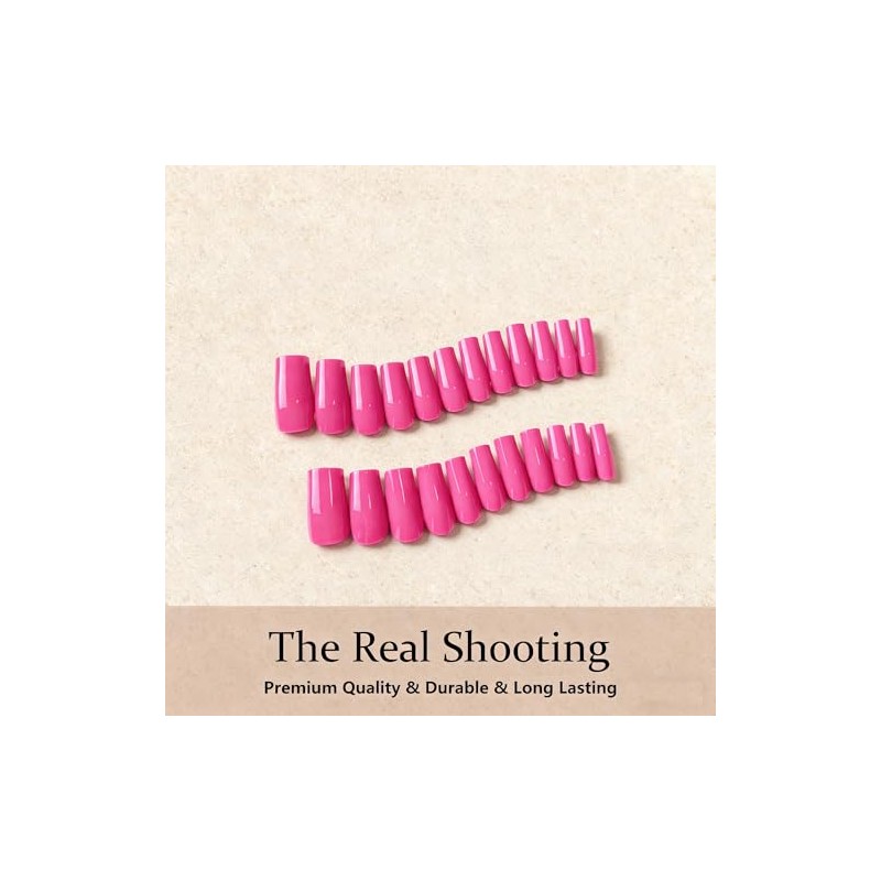Uñas postizas de gel rosa intenso, largas y cuadradas, uñas