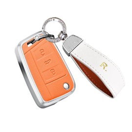 HIBEYO Car Key Fob Cover for Volkswagen Golf 7 MK7 Atlas Jetta Passat Arteon Tiguan Key Fob case 3 Button Protection Car Key Shell Cover Accessories with Keychains-Light Orange
