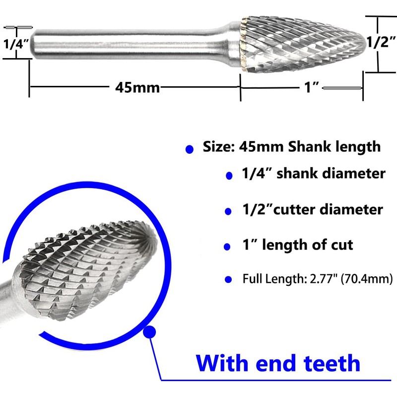Carbide Burr Set 1/4" Shank SF-3 Die Grinder Bits Tungsten