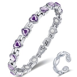 Vicmag Lymphatic Drainage Magnetic Bracelets for Women Titanium Steel Brazaletes Ultra Strength Magnetic Adjustable with Removal Tool & 7X Magnetic Ring and Gift Box (Purple Heart Crystal)