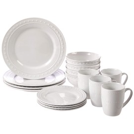 Elle Decor elle décor Casual Round Dinnerware Set – 16-Piece Porcelain Party Collection w/ 4 Dinner Salad Plates, 4 Bowls & 4 Mugs – Unique Gift Idea, White Monique