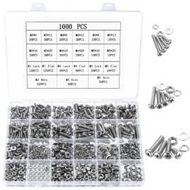Pack of 1000 M3 M4 M5 Screws Set, Round Head Screws Nuts Set, Pan Head Screws and Nuts and Washers Set, Stainless Steel Machine Screws Assortment, Phillips Screws with Nuts
