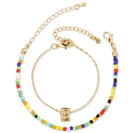 Mikovivi Colorful Beaded Bubble Alphabet Bracelet, Gold Plated Letter Bracelet Initial Bracelets for Women Teen Gift Jewelry (Letter E)