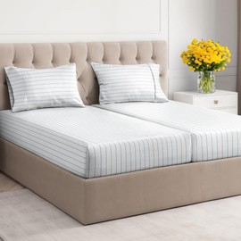 5 Piece Sky Blue Striped Sheets for Split King Size Bed – Flat Sheet 108 x 102, 2 Fitted Sheets 39 x 80 and 2 Pillowcases 20 x 40 – Deep Pocket, Soft, Blue and White Sheets – Oeko-TEX Stripe Sheet Set