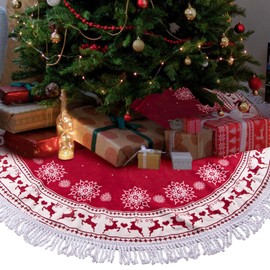 UNOLIGA Christmas Tree Skirt Red, 127cm Large Xmas Tree Skirt, Under Christmas Tree Floor Mat, Christmas Tree Rug Carpet Blanket, Christmas Tree Base Bottom Cover, with Tassel Snowflake Reindeer
