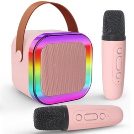 Jsdoin Karaoke Machine 2 Microphones, Portable Karaoke Machine with LED Light, Gifts For Girls Birthday Presents Microphone for Girls Toys Families Birthday Party Kids Toys Birthday Gifts (Pink)