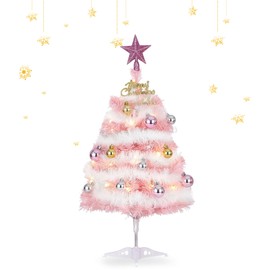 Mini Pink Christmas Tree, 24 Inch Artificial Table Christmas Tree with Lights, Hanging Ornaments, Small Desktop Christmas Tree for Party Supplies, Home Interior Decoration