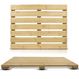 Palm Naki Bamboo Bathmat - 100% Natural Wooden Floor Mat - Non-Slip, Sustainable - Modern Asian Design - Perfect for Bathroom & Spa (21x14)