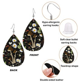 Mushrooms And Flowers Faux Leather Earrings For Women Lightweight Teardrop Dangle Earrings Gift