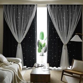 Kinryb Kids Blackout Curtains for Bedroom/Living Room/Classroom, Sheer Overlay 2 Free Tiebacks, Double Layer Curtains with Star Cutout for Kids Room(Each Piece W 70 x L 63 Inches 2 PCs Black)