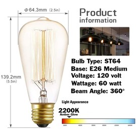 EX ELECTRONIX EXPRESS 4 Pack of ST64 Vintage Edison Light Bulbs with Squirrel Cage Filament - 60W Dimmable Yellow Incandescent Bulbs, 2200K Amber Glow, 110-130 Volts, E26 Medium Base