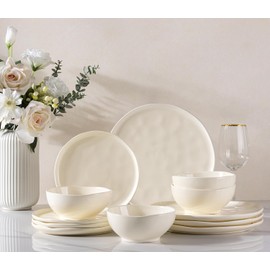 GBHOME Ceramic Dinnerware Sets for 4, 12 Pieces Porcelain Lightweight Plates and Bowls Sets, Scratch Resistant Dish Set, Oven & Microwave & Dishwasher Safe, Beige