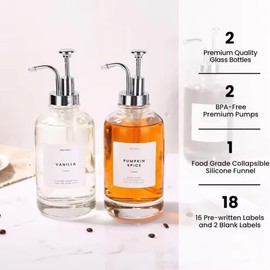 Coffee Syrup Dispenser for Coffee Bar, Coffee Bar Accessories, 2pcs-16.9oz Glass Syrup Dispenser with 36 Coffee Syrup Labels and Brush, Syrup Dispenser for Kitchen, Coffee Bar (Sliver)