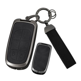 ontto 2-Button Key Cover with Keychain Compatible with Jeep Grand Cherokee Car Accessories,Metal and Leather Key Fob Housing Protection and Decoration,Black
