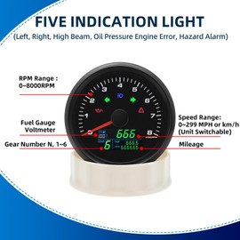 MH 85mm 3-3/8" Motorcycle Gauge 8000RPM Tachometer Speedometer 0-299 MPH/KM with Gear Turn Light Fuel Level Multifunctional Gauge