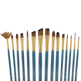 Professional Artist Paintbrush Set & Pop up Carrying Case Travel Brush Easel- Long Handle Sablesque Bristles Assorted Size for Watercolor, Plein Air, Acrylic, Oil, Gouache Painting [Set of 15]