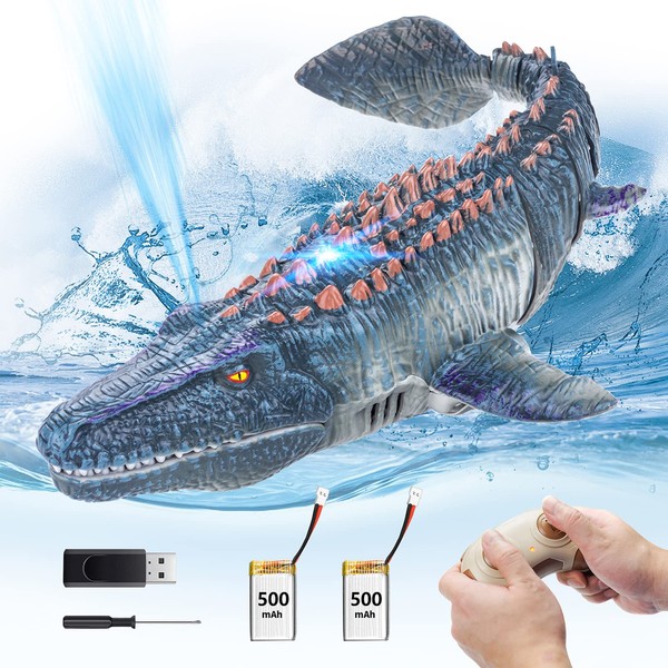 Mifine Remote Control Mosasaurus Water Pool Toys for Kids, 2x500mAh RC Boat Dinosaur 1:18 High Simulation Scale Dino, with Light & Spray Water - Swimming & Bath Toy Gift for Boys and Girls