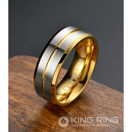 King Ring 8mm Flat Lines Ring – Ultra Polished Mens Ring with Two Matt Lines Stainless Steel Wedding Band K18 – Gold Silver 8