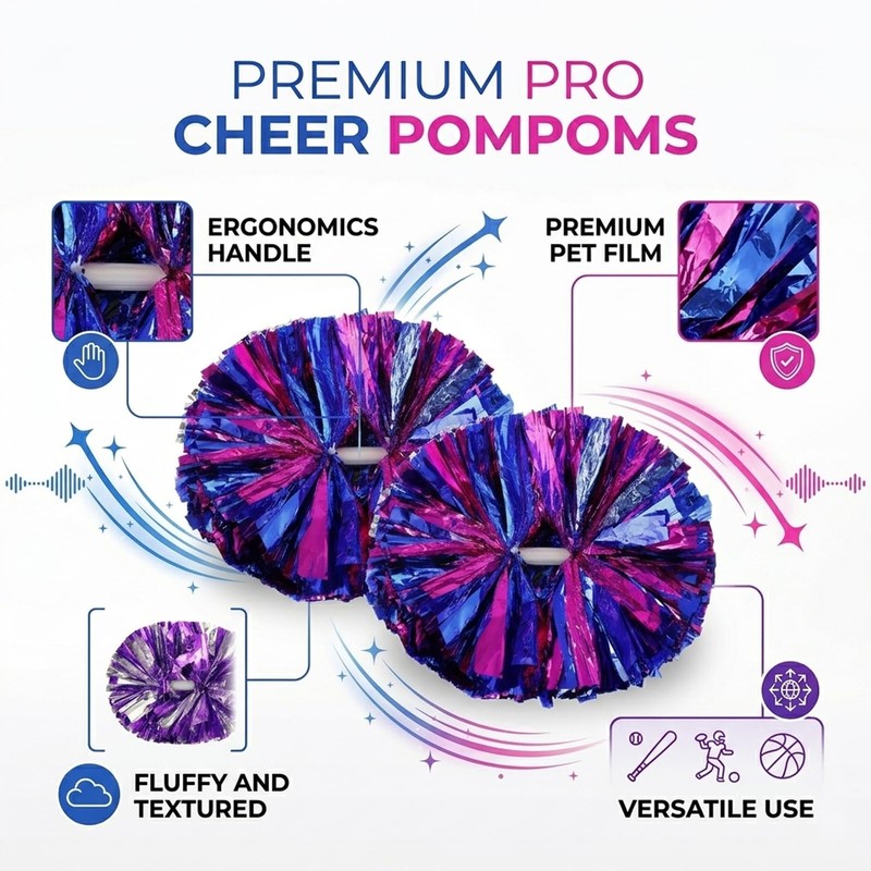 4 Pcs Cheerleading Pom Poms with Baton Handle, Metallic Cheerleader