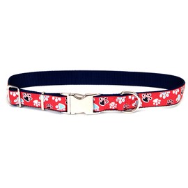 Coastal - Ribbon - Adjustable Dog Collar with Metal Buckle, Red with Paws, 5/8" x 08"-12"