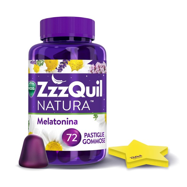 ZzzQuil Natura Supplement with Pure Melatonin and Valerian Extracts for Sleeping, Chamomile and Lavender, 72 Gummy Tablets + Star Sticky Notes, Berry Flavour