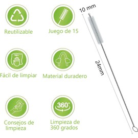 Set de 15 Limpia Popotes Largos, 240 x 12 mm, Cepillo para Lavar Popote de Acero Inoxidable o Silicona