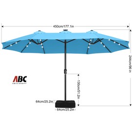 ABCCANOPY 15FT LED Double Sided Pool Umbrella with Base, Outdoor Porch Umbrella with Solar Lights for Poolside, Lawn, Backyard (Turquoise)