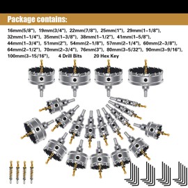 dashap 20Pcs TCT Carbide Hole Saw Kit with 4 Drill Bits,Hole Saw Set for Metal,Tipped Tooth Cutting Hole Saw, Hole Cutter Heavy Duty for Stainless Steel,Iron,Aluminum,Sheet Metal (5/8''to 3-15/16'')