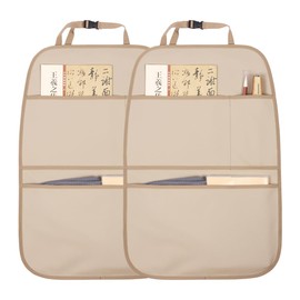 pefirst Kick Mat Back Seat Protector Waterproof Leather Car Seat Back Organizers Cover with 3 Storage Pockets for Kids Pets SUV Sedan Minivan Truck Car Travel Accessories (Beige 2-Pack)