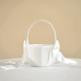 Souhgaue Wedding Flower Girl Basket with Cute Pearl Handle Bowknot Satin Flower Baskets for Wedding Ceremony Etc