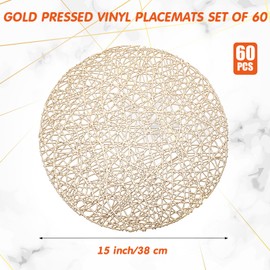 Sieral 60 Packs Gold Round Placemats 15 Inch Hollow Out Pressed Vinyl Place Mats Heat Resistant Woven Gold Placemats for Christmas Dinner Table Winter Holiday Party Wedding Centerpiece Decoration