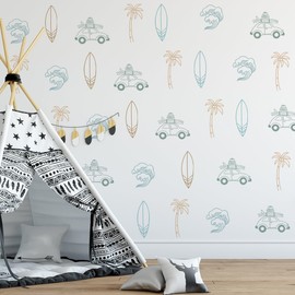 Retro Surfer Theme Wall Sticker, Ocean Wall Decals, Boys Beach Room Decals，Palm Tree Sun Wall Decals, Peel and Stick Removable Vinyl Underwater Wall Sticker, Kids Bedroom Nursery Room Decoration.