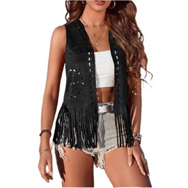 Qianderer Women's Fringe Vest 60s 70s Hippie Vest Sleeveless Cowgirl Western Faux Suede Tassel Leather Jacket Boho Vest Vintage Hippie Outwear, Ba Black, S