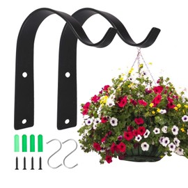 Hanging basket bracket, 2 Pcs Heavyduty Wall Hanging Basket Brackets, Outdoor Iron Black Arc bracket hook for Hanging Planter Lantern Bird Feeder(with S Hooks and Screws)