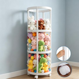 52 Inch 3 Tier Round Plush Stuffed Animal Storage Rack with Brake Wheels