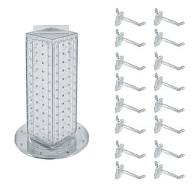 Azar Displays 700220-CLR-2C16 Four-Sided 4”W x 12” Revolving Pegboard Tower Kit Counter Display with 16-Pack of 2 inch Locking Hooks, Clear