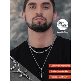 FaithHeart Jesus Christ INRI Crucifix Cross Necklace for Men Women Layered Cuban Link Chain Necklaces Classic Christian Religious Protection Amulet Jewelry