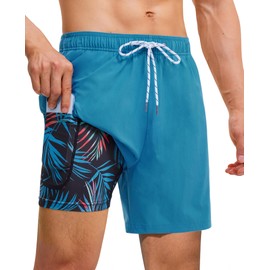 Gleeease - Traje de baño de compresión de 7 pulgadas: para hombre, de secado rápido, elástico, cómodo, con cordón, bolsillos con cierre, playa, piscina, Hoja Azul, X-Large