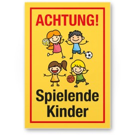 Komma Security Achtung Spielende Kinder Schild 20 x 30 cm Hinweisschild Warnzeichen Warnschild langsam fahren Warnung Hinweis Spielstraße Spielplatz - Vorsicht spielende Kinder