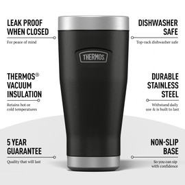Thermos - Icon Granite Black Travel Tumbler (470ml), Reusable Insulated Stainless Steel Coffee Cup for Hot or Cold Drinks, Vacuum Sealed Water Flask with a Leak-Proof Lid, 7hr Hot/22hr Cold