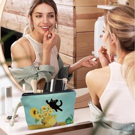 SQQCMM Sunflower Funny Black Cat Cosmetic Bags - Black Cat Gifts for Women,cat Gifts for Women cat Lovers