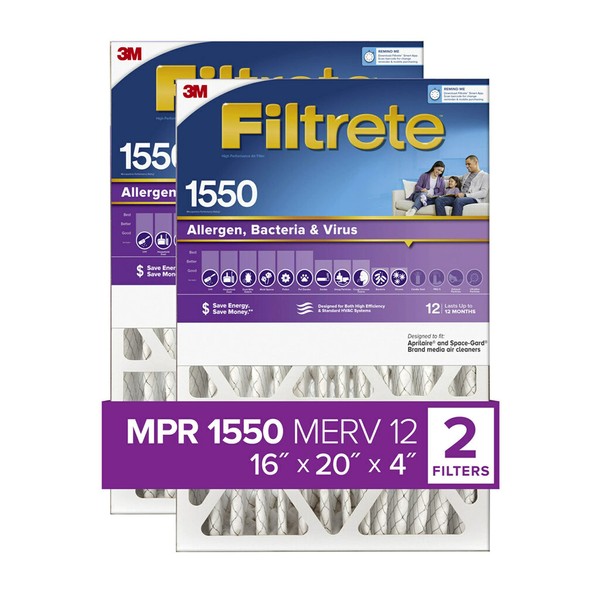 Filtrete 16x20x4 Air Filter, MPR 1550, MERV 12, Healthy Living Ultra Allergen Healthy Living 12-Month Deep-Pleated 4-Inch Air Filters, 2 Filters